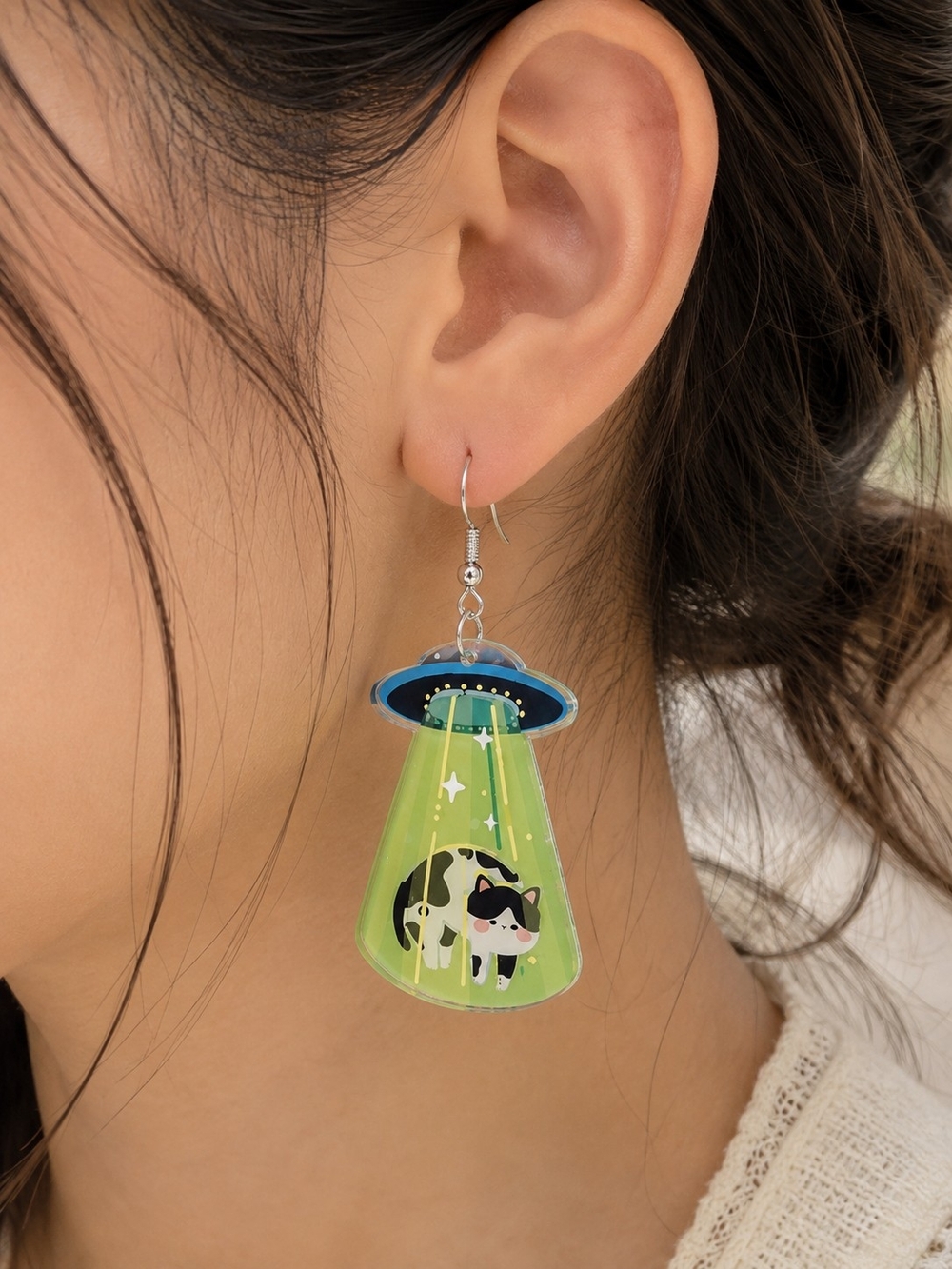 UFO Cat Abduction Dangle Drop Earrings Lime Blue New